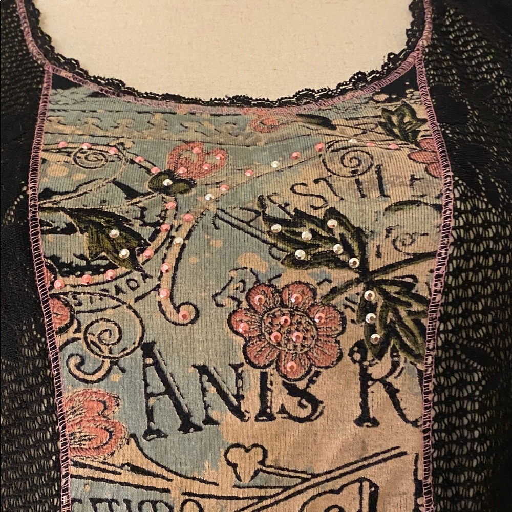 Vanilla Sugar vintage blue/beige/black w/ black lace pullover w 3/4 sleeves